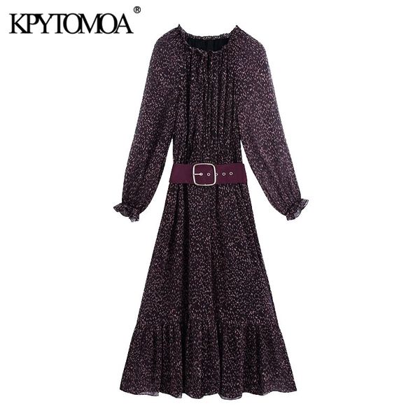 

kpytomoa women chic fashion with belt print ruffled midi dress vintage long sleeve with lining female dresses vestidos 210303, Black;gray