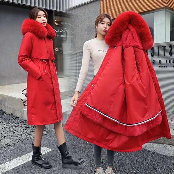 

20212020 new warm style overcomes womens winter parka coats for liner detachable down cotton padded jacket thickened medium length long, Black