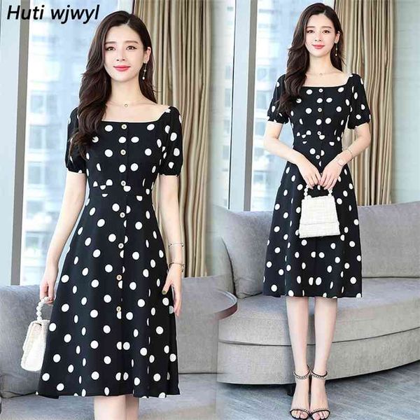 

vintage elegant black dot chiffon boho midi dresses summer 3xl plus size solid beach sundress women bodycon party vestidos 210528, Black;gray