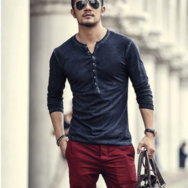 

men's t-shirts henley men's casual long sleeve t-shirt, v-button shirt, tight, pure cotton, high quality, White;black