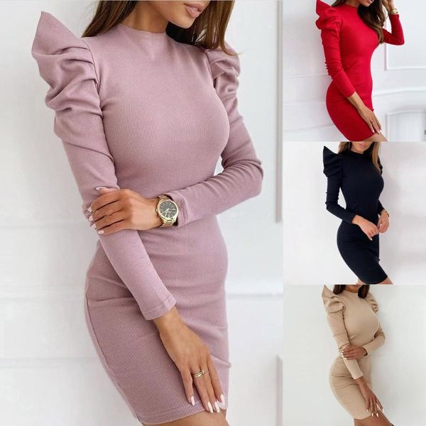 

casual dresses fashion women solid puff sleeve long sleeves half high collar tight dress elegant hollow out lace harajuku, Black;gray