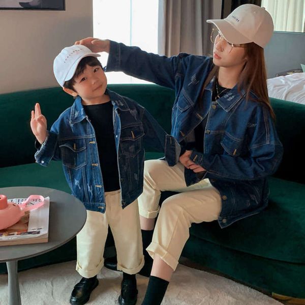 

south korean version parent-child cloth: a family of three or four jeans et, Blue