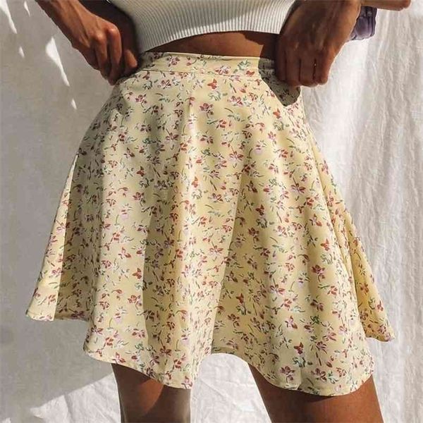 Летние женские цветочные печать юбка с высокой талией зонтик мини-юбка женщина невидимая молния шифон печать короткая юбка женщины 210730