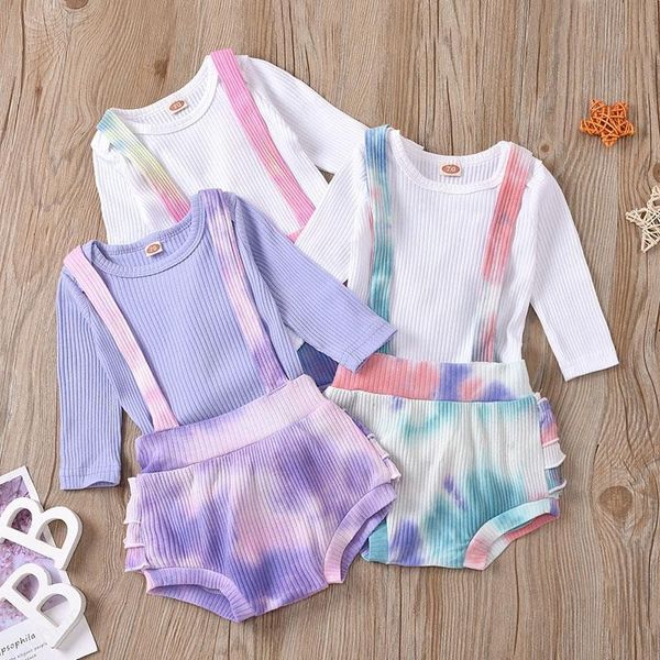 Conjuntos de roupas de crianças meninas roupas meninos infantil toddler tie tintura pit listra romper tops + macacões Suspender shorts 2 pçs / set verão moda boutique roupas de bebê