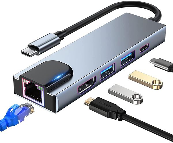 5-in-1-USB-C-Hub-Multiport-Adapter-Dockingstation mit 4K HDMI, RJ45-Ethernet, 100 W PD, kompatibel für MacBook Pro/Air, iPad Pro/Mini 6/Surface Pro