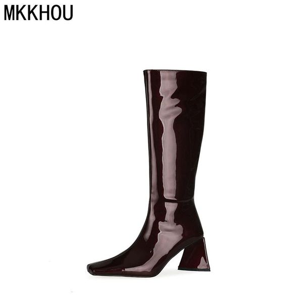 

boots mkkhou fashion knee-length women's winter patent leather flat triangle heel .5cm high ladies modern, Black