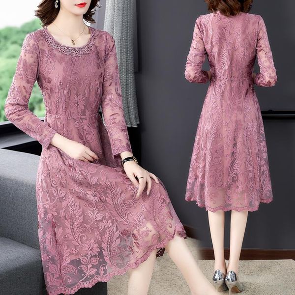 

casual dresses 2021 spring pink floral embroidery lace midi dress autumn vintage 5xl plus size elegant bodycon women party vestido, Black;gray