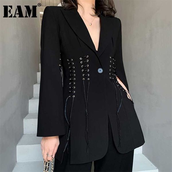 

[eam] women black bandage vent stitch blazer lapel long sleeve loose fit jacket fashion spring autumn 1db308 211006, White;black