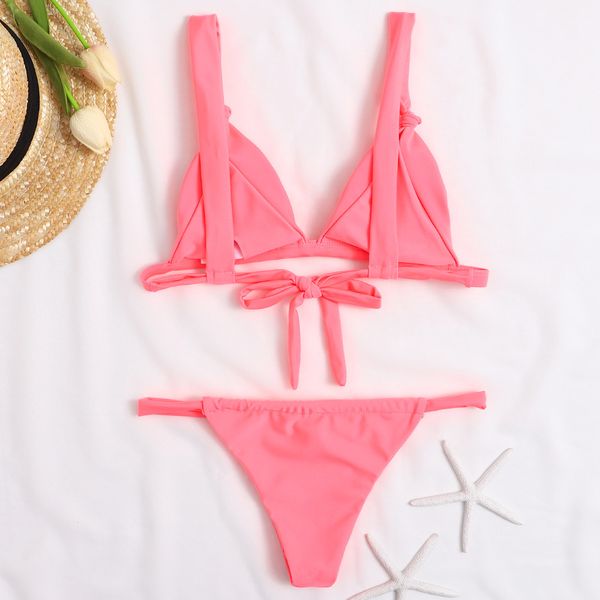 

bikini 2021 solid bikini set women swimsuit halter push up swimwear female low waist bathing suits beach wear swimming suit, Black