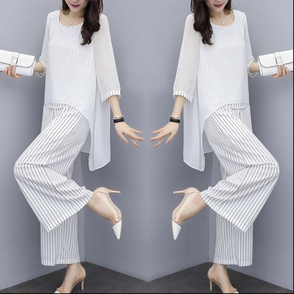 

chiffon pantsuits women pant suits for mother of the bride outfit 2021 formal wedding guest striped wide leg loose 3 piece sets, Gray