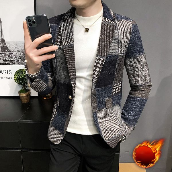 

2021 new men plaid korean slim fit jacket autumn add veet warm mens stylish blazer chaqueta formal suit coat a8jw, White;black
