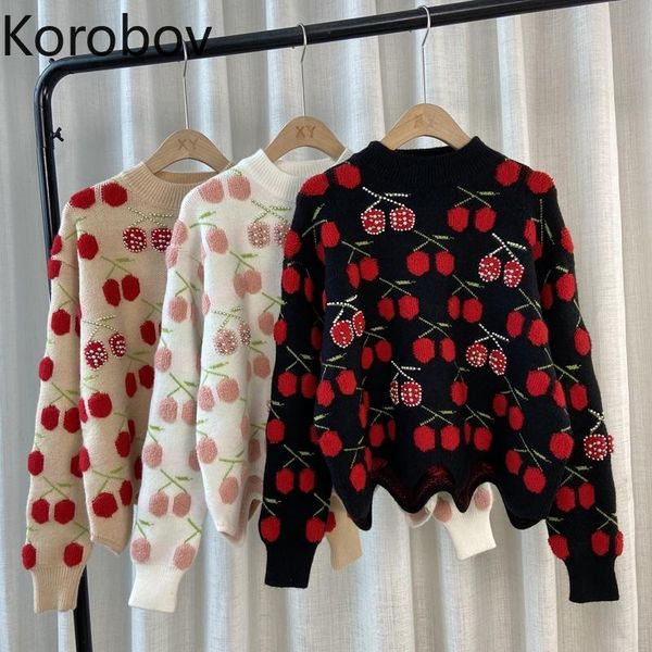 

women's sweaters korobov vintage elegant pullover sweater korean ol o neck long sleeve sueter mujer japanese sweet pearls cherry women, White;black