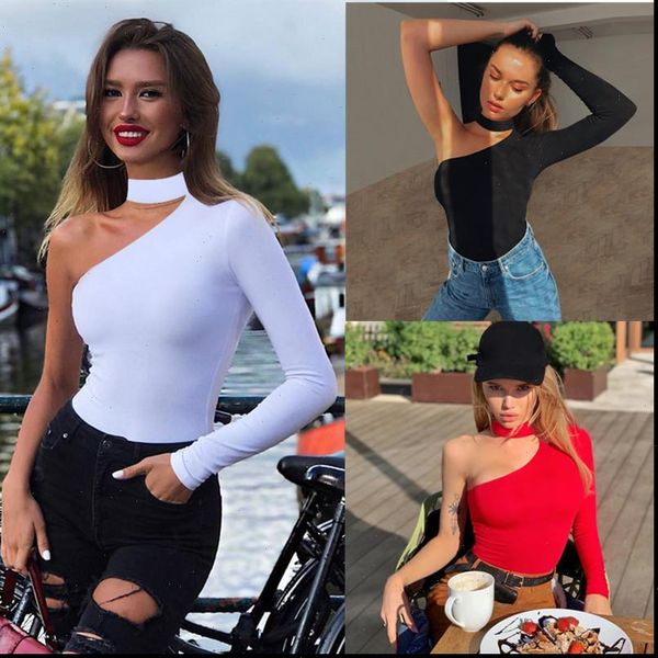 

cotton blend halter one womens rompers shoulder bodysuit fashion winter spring solid bodycon casual body, Black;white