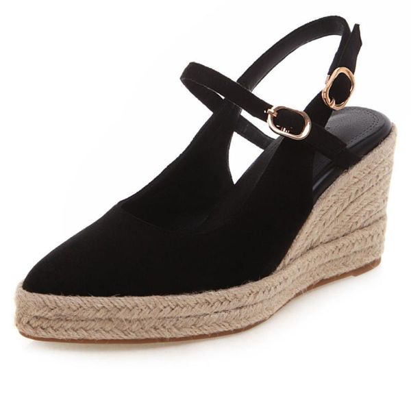 

dress shoes wedge pumps platform for women high heels slingback pointed toe buckle strap ladies office plus size 43 44, Black