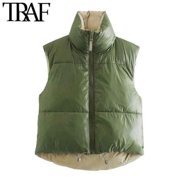 TRAF Mulheres Moda Dupla Side Wear Colhido Colhido Acolchoado ColoccoAt Vintage Pescoço Ajustável Bem Feminino Vest Colete Mujer 210817