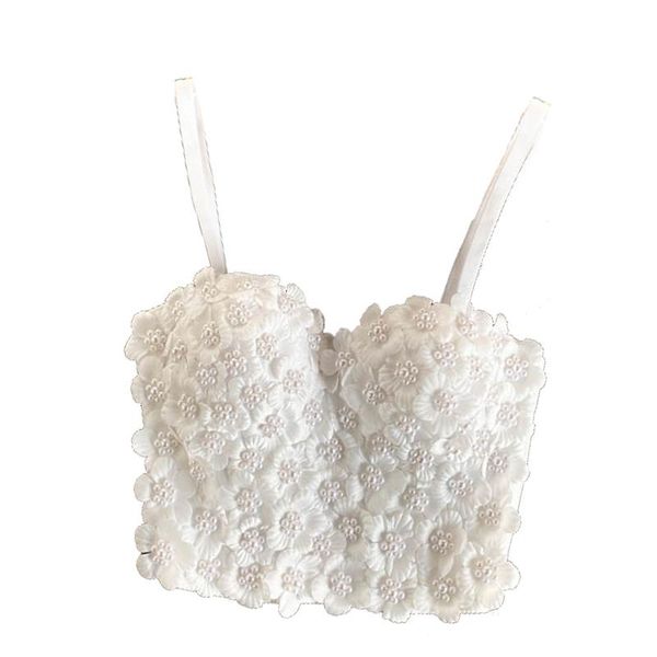 

ewq] 2021 spring girl strap solid color off shoulder backless empire short beading flower bustier sling camisole 8y392, White