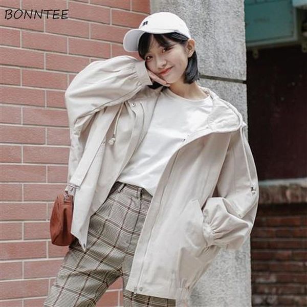 

women's jackets basic women outwear fashion all-match solid zipper spring ins pockets loose college sweet elegant casual tunic with hat, Black;brown