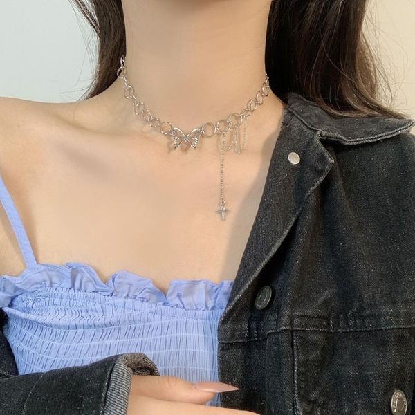 

chokers women fashion necklace hip-hop punk butterfly pendant short simple joker clavicle choker circle chain jewelry, Golden;silver