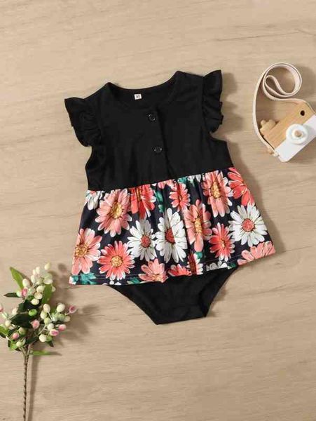

baby floral print flutter sleeve peplum combo bodysuit dress she, Red;yellow
