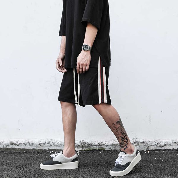

men's shorts high side street takes breathable sport elastic men the waist block color oversize casual at knee height kf72, White;black