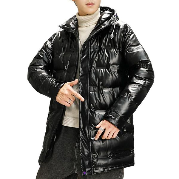 

winter men's mid-length thick new korean version of the trendy white duck down shiny surface warm men's jacket 2021 new, Black