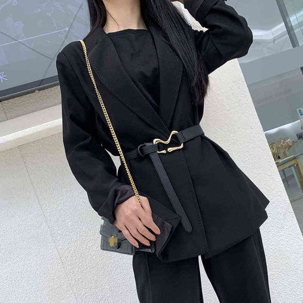 Женская новая тонкая золотая пряжка PU кожаный пояс мода черное дерево одежда пальто формальные аксессуары талии 2021 г220301