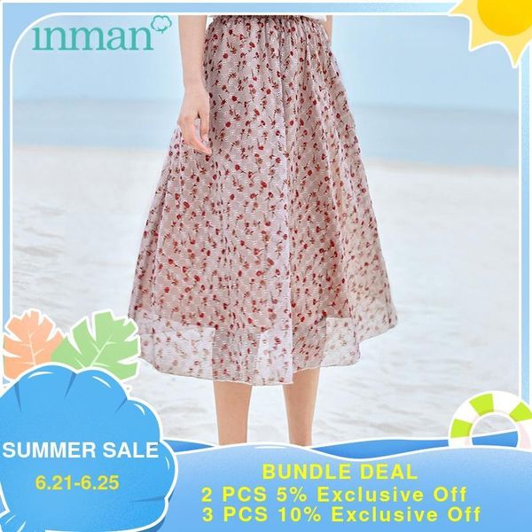 

skirts inman summer skirt female fairy sweet elegant style woven hollow floral print embroidered elastic high waist a-line bottoms, Black