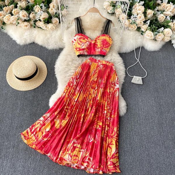 

fashion beach boho 2 women tracksuits piece set summer two flower print tank crop and pleated skirts, Gray