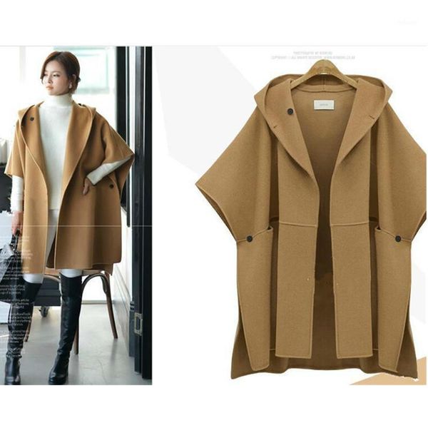 

plus size 5xl woolen coat women 2021 autumn winter hooded wool jacket cloak bat sleeve overcoat long female outerwear women's & blends, Black