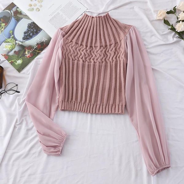 

women's sweaters women turtleneck knitted chiffon patchwork pullover ladies lantern sleeve short knitwear, White;black