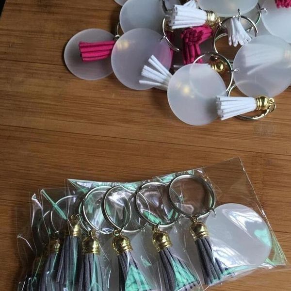 

creative keyring 4cm blank disc with 3cm suede tassel vinyl keyrings available monogrammed clear acrylic disc tassel keychain christmas