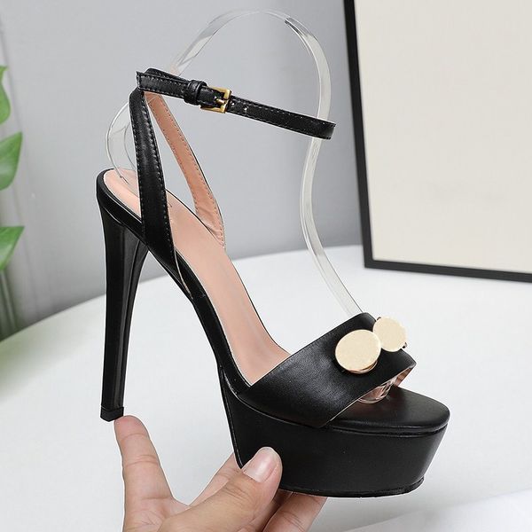 

summer stiletto women sandals super high heels soft leather shoes platform heel buckle ankle strap latex adhesive womens shoe party, Black