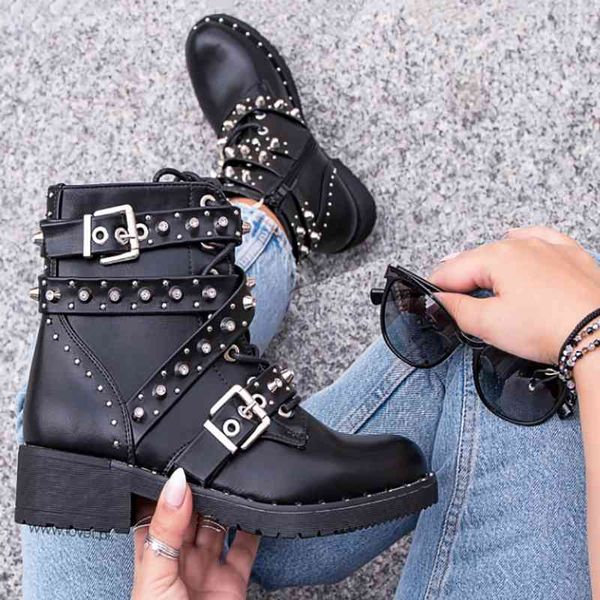 

dress shoes [gogd] botas femininas redondas e confortÃ¡veis, tornozelo arredondado, tira com fivela, rebite, sapatos femininos, pu, estilo pu, Black