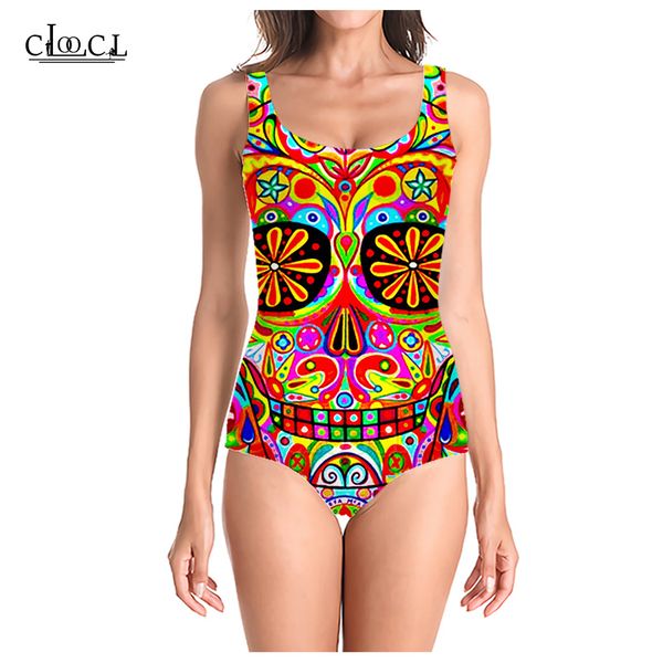 

cloocl popular skull pattern 3d printed summer sleeveless women colorful swimsuit fashion swimsuits beach one piece swimwear, White;black
