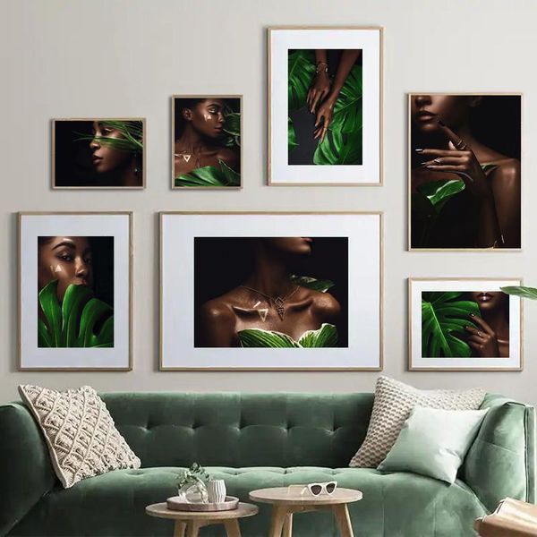 

paintings green leaf girl abstract woman art nordic black model wall poster canvas print painting decoration picture living room decor