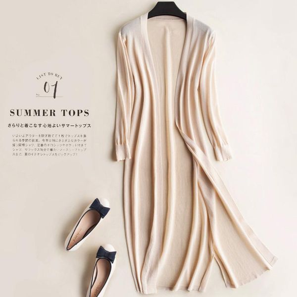 

women's knits & tees 2021 summer autumn women midi long cardigan casual loose thin silk knitted cardigans female sweater coat jacket pl, White