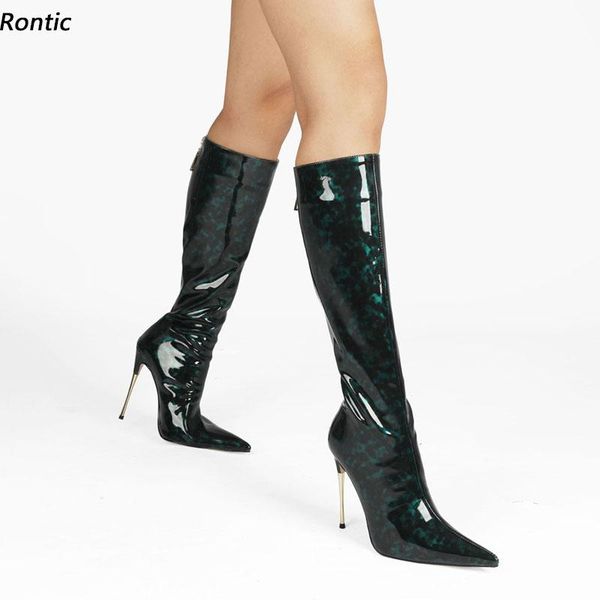 

boots rontic women winter knee patent stiletto metal heels pointed toe pretty dark blue red brown dress shoes us size 5-15, Black