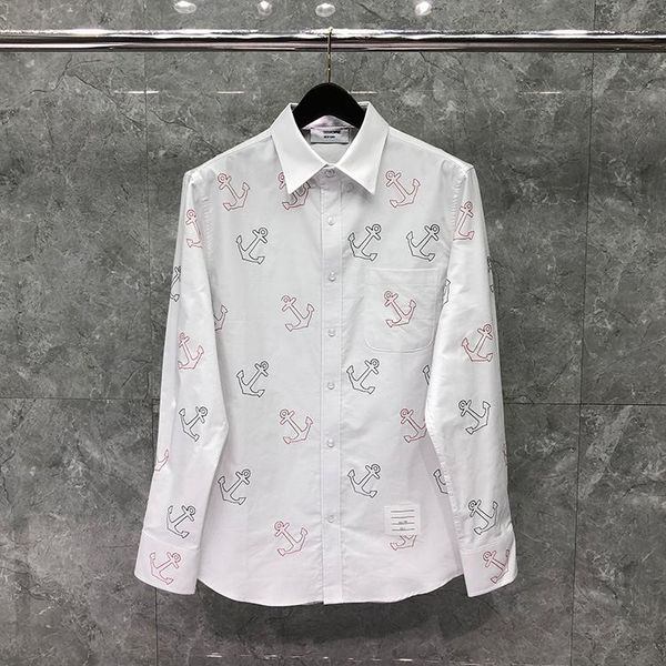 

men's casual shirts 2021 fashion brand summer men slim long sleeve shirt turn down collar oxford anchor pattern clothing, White;black