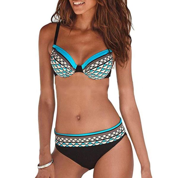 

2021 new swimsuit bikini high elasticity open back high waist floral with chest pad ladies retro print swimsuit women