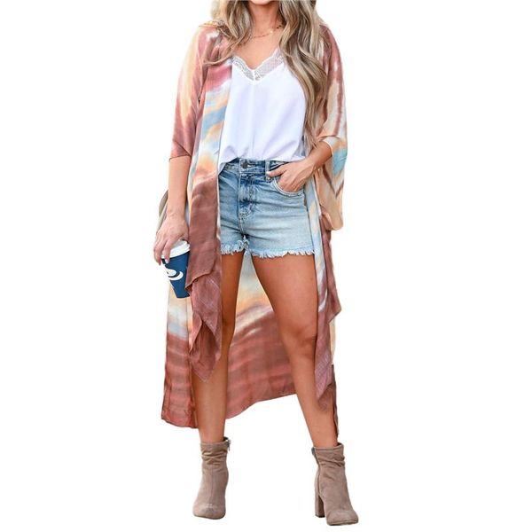 

women's swimwear 2021 ladies summer breathable chiffon dress women striped splicing half sleeve long cardigan holiday vacation beach ra, White;black