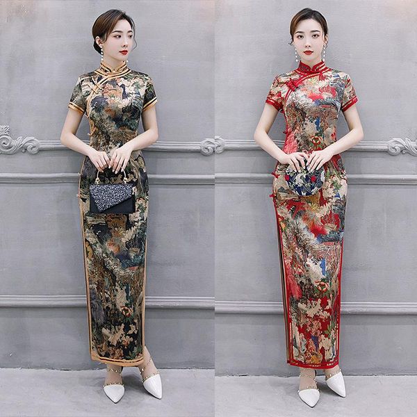 

ethnic clothing women chinese traditional dress gown print flower satin cheongsam mandarin collar qipao vintage button sheath long vest, Red