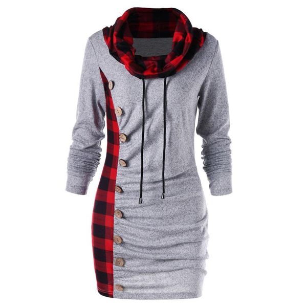

autumn winter new style fashion women lattice scarf collar patchwork long dresses casual full sleeve pullove dress robe femme, Black;gray