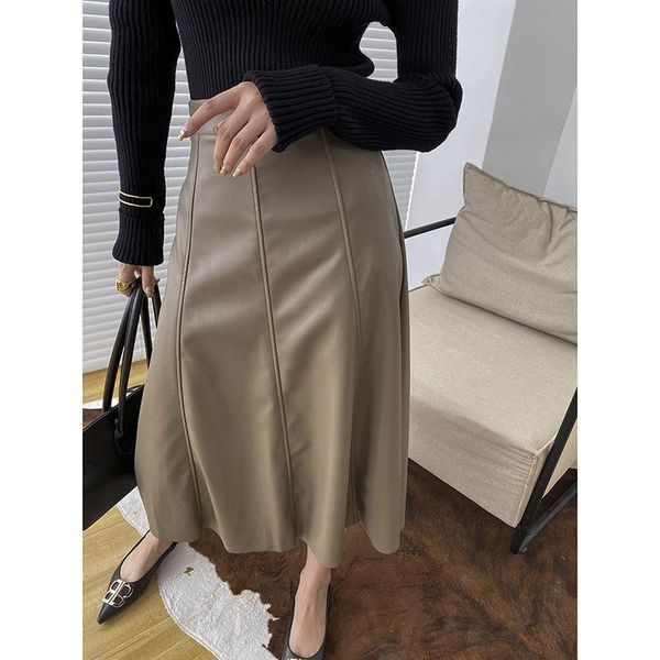 

skirts elegant ol a-line women vintage pu leather celmia 2021 autumn casual loose solid street female office skirt xl, Black