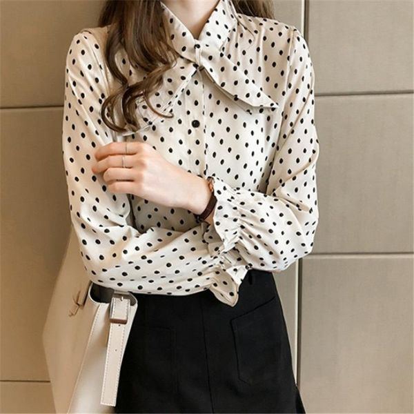 

fashion women blouse bow collar office blouse women dot print chiffon shirt long sleeve shirt blusas plus size, White