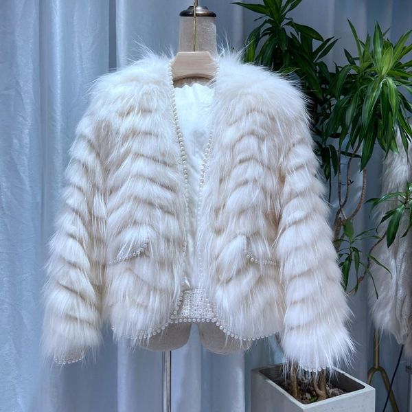 

women's fur & faux arrival natural raccoon coats winter jacket real strips fashion overcoats with pears v neck, Black