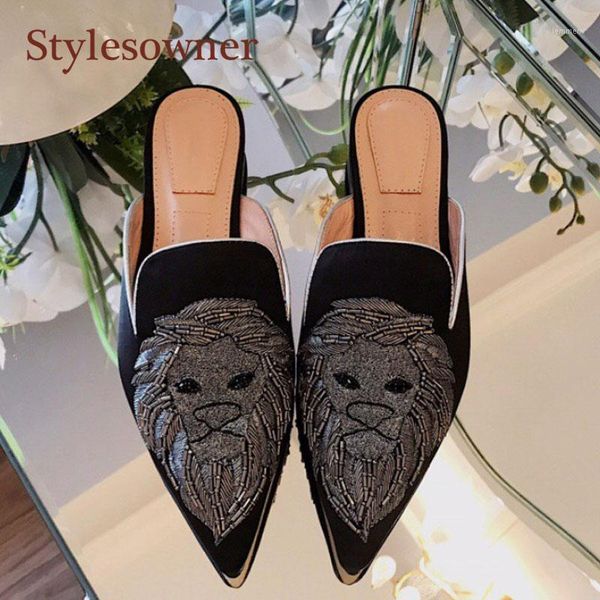 

muller 2021 early spring lazy slippers women's outer wear fashionable leather flat heel one-legged pointed embroidered shoes1, Black