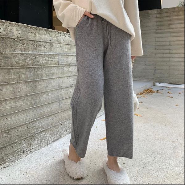 

casual high waist lace up pockets women solid knitted pants autumn winter straight loose female sweater pants 2020, Black;white