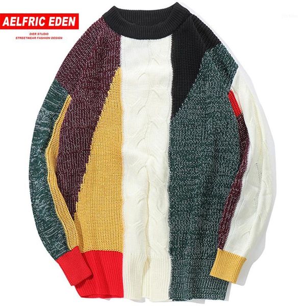 

aelfric eden vintage color block pullover sweaters mens hip hop casual knitted sweater fashion male streetwear sweatercoats kj951, White;black