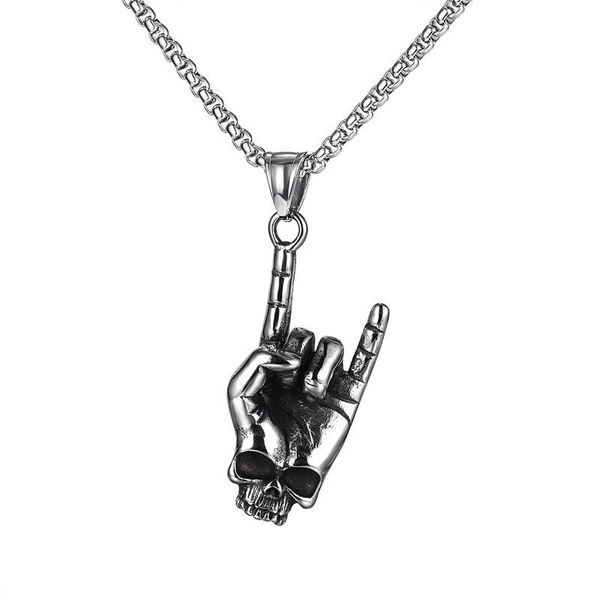 

pendant necklaces fashion rock roll i love you gesture necklace men women stainless steel punk skull hip hop style jewelry, Silver