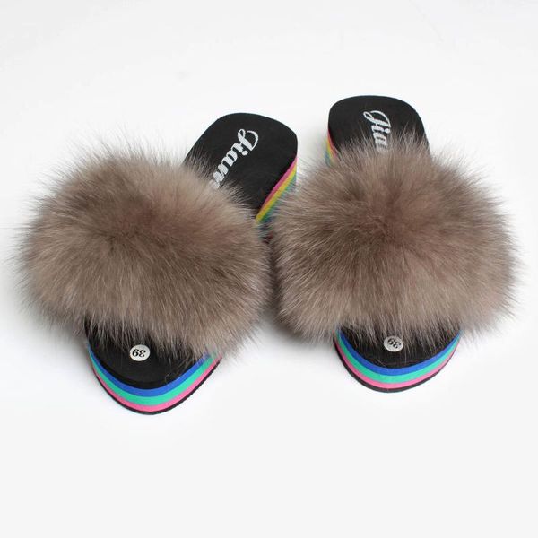 

sandals factory direct sales 100% real fur slippers summer women natural slides girls luxury fluffy flat, Black